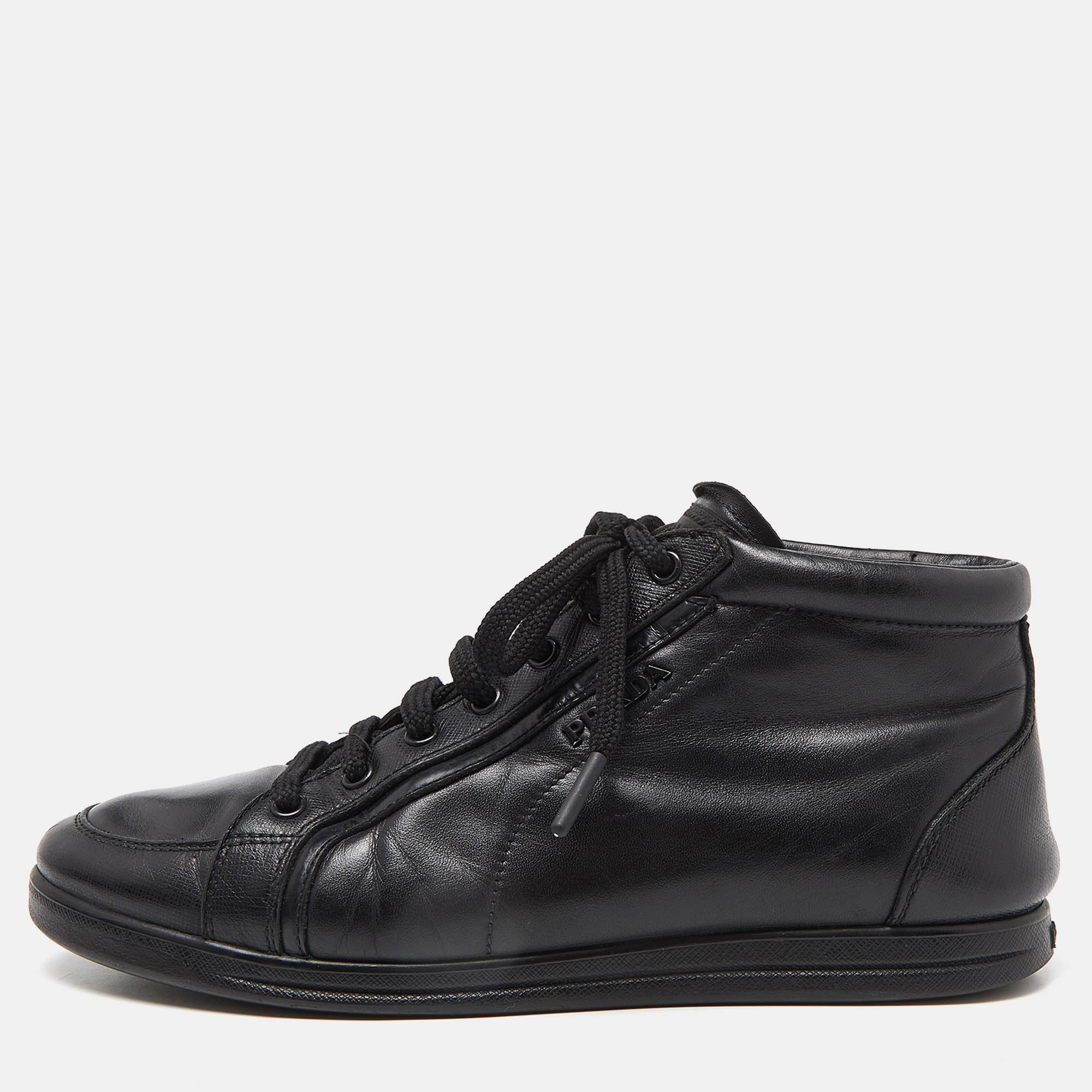 Pre-owned Prada S Black Leather Lace Up Sneakers Size 36
