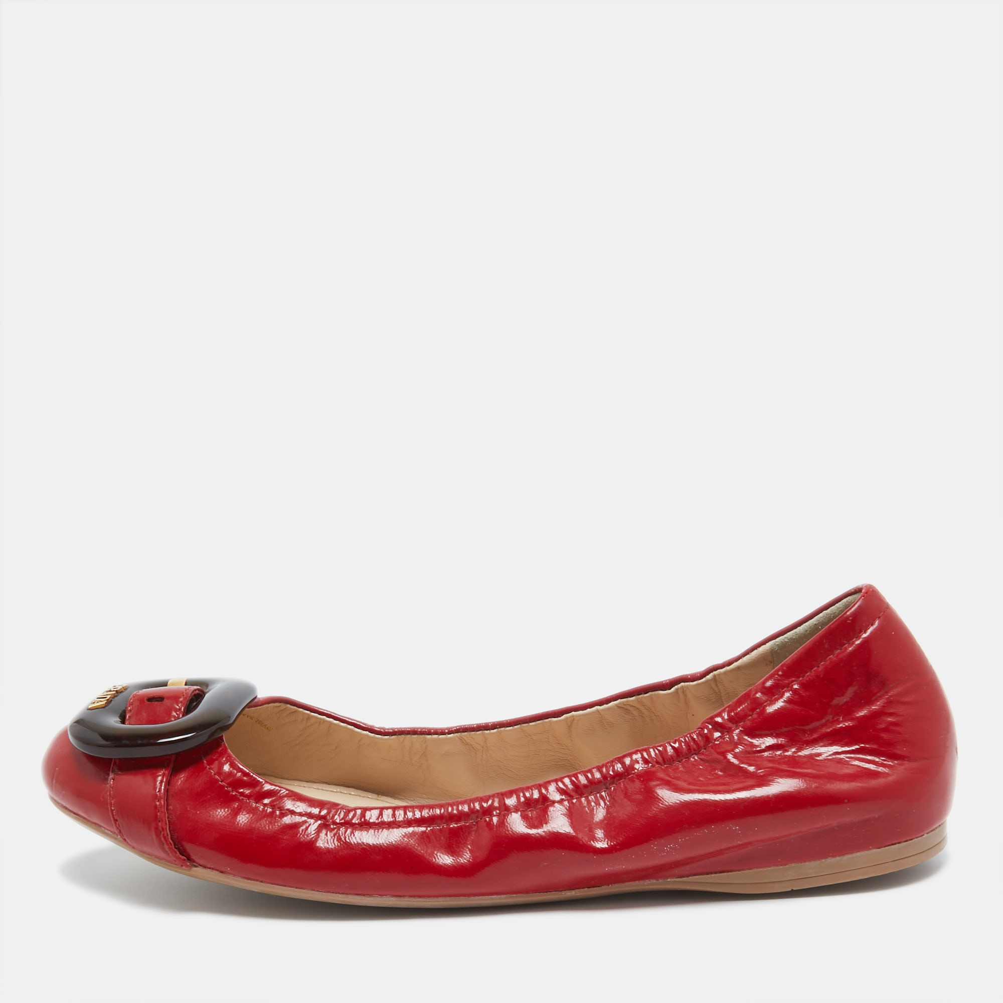 Pre-owned Prada Red Patent Leather Buckle Ballet Flats Size 39