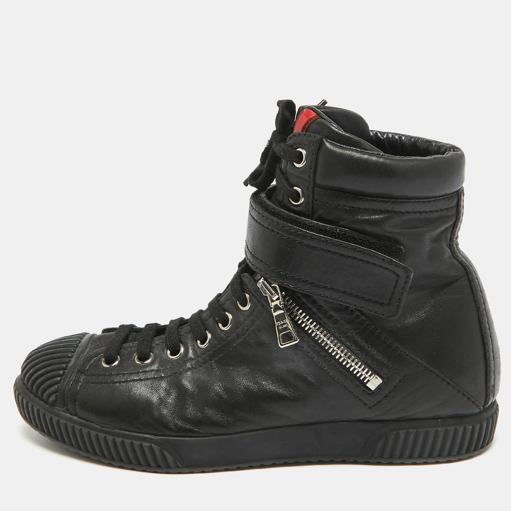 Prada Sport Black Leather High Top Sneakers Size 36.5