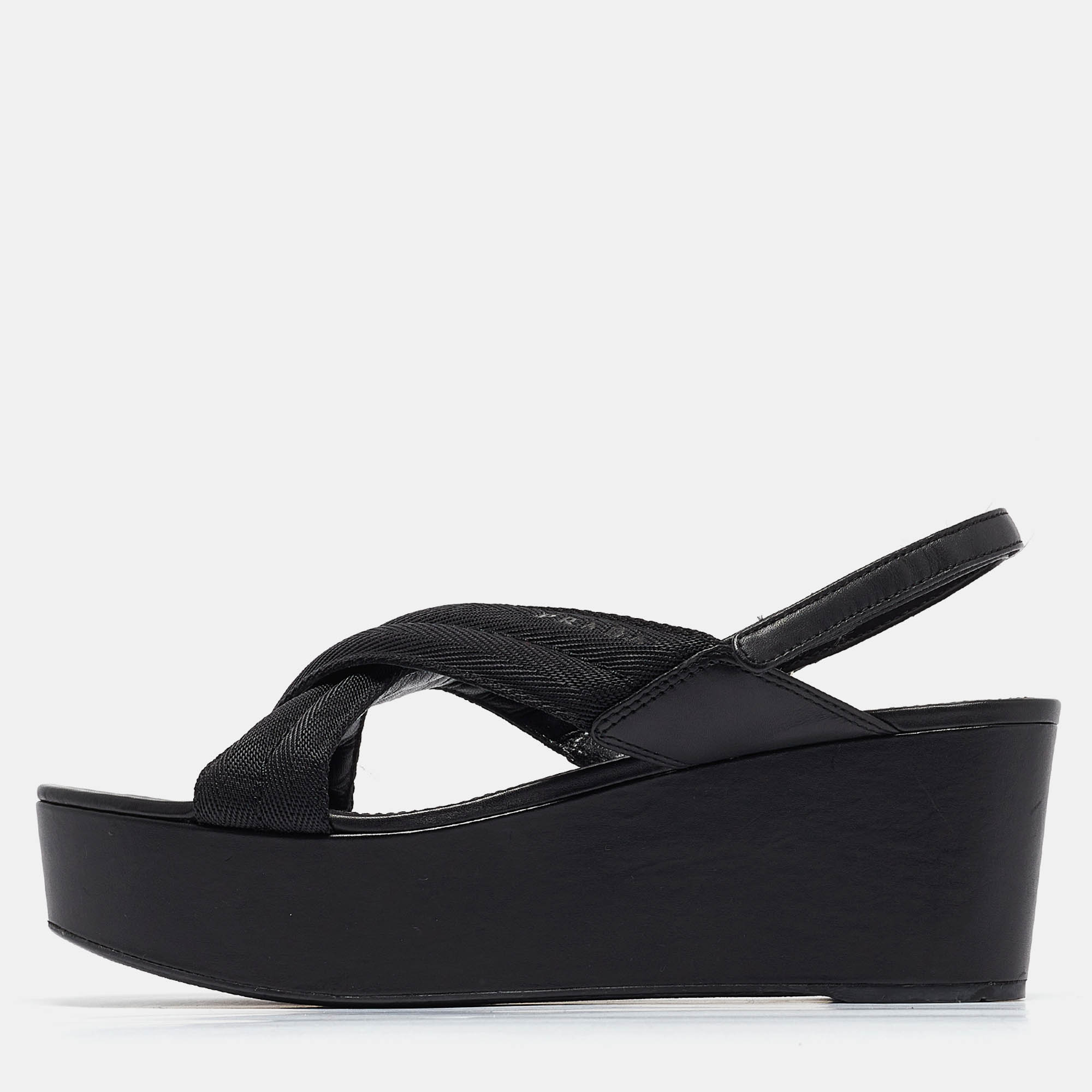 

Prada Sport Black Leather and Canvas Strap Wedge Sandals Size
