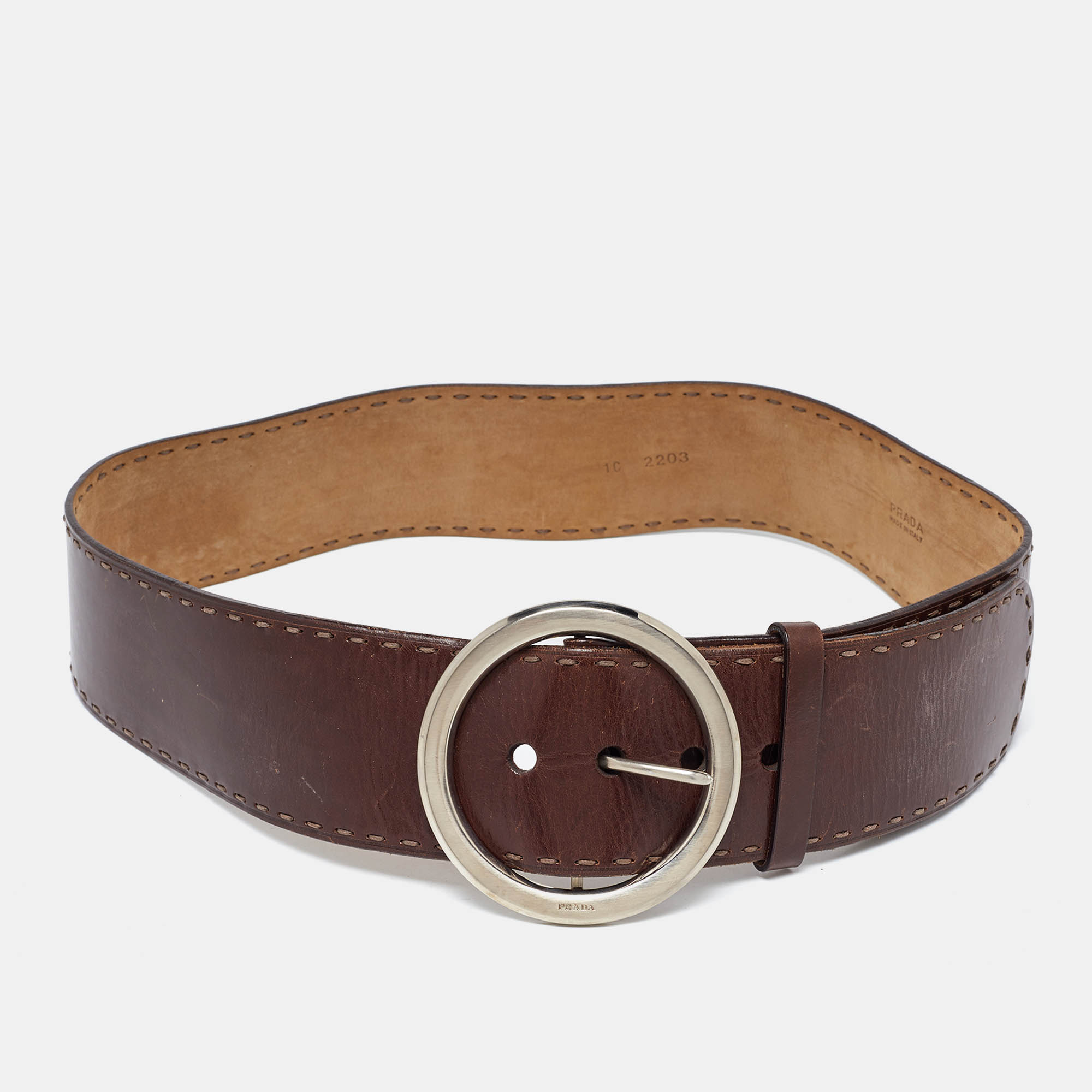 

Prada Brown Leather Round Buckle Wide Belt 90CM