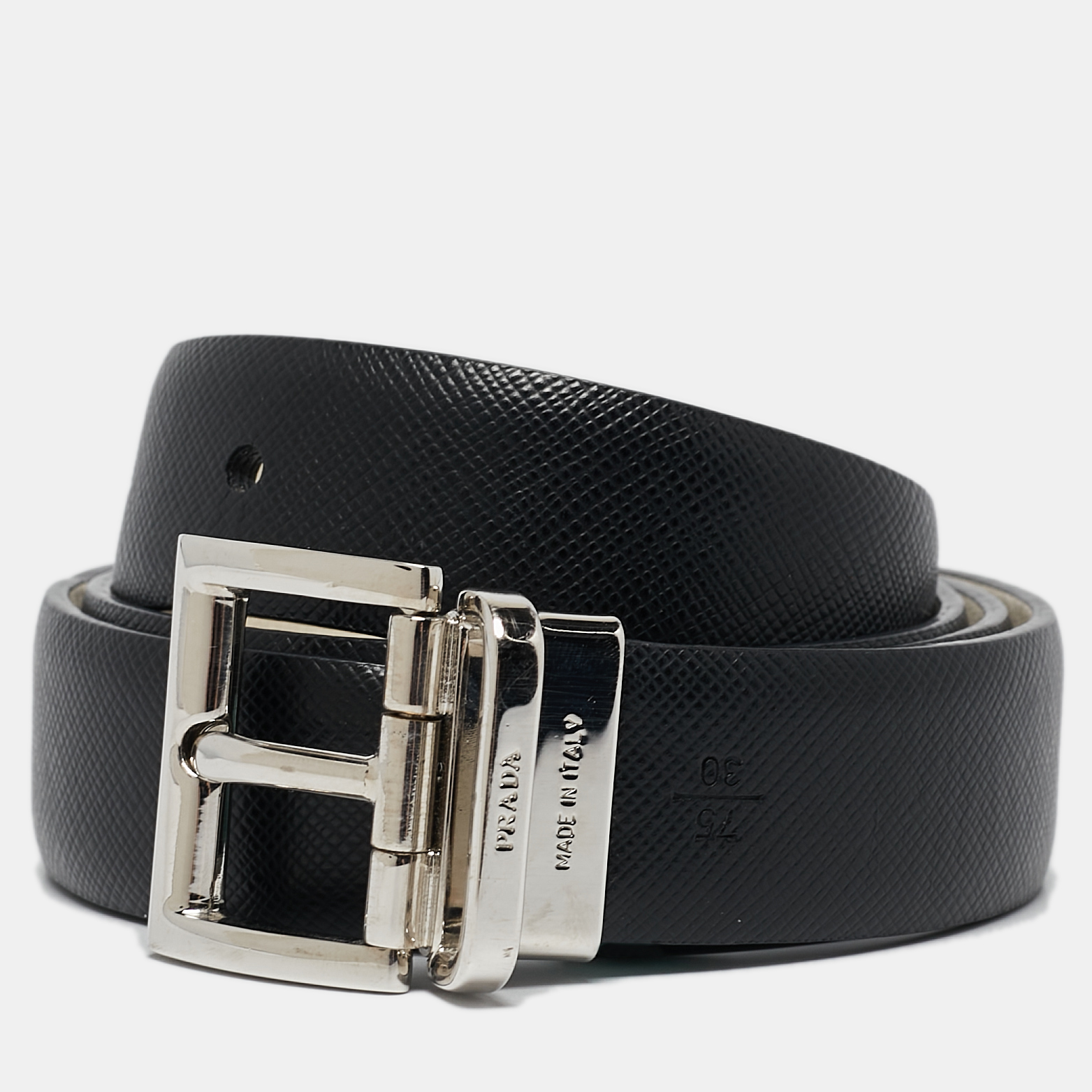 Pre-owned Prada Black/white Leather Reversible Buckle Belt 75cm