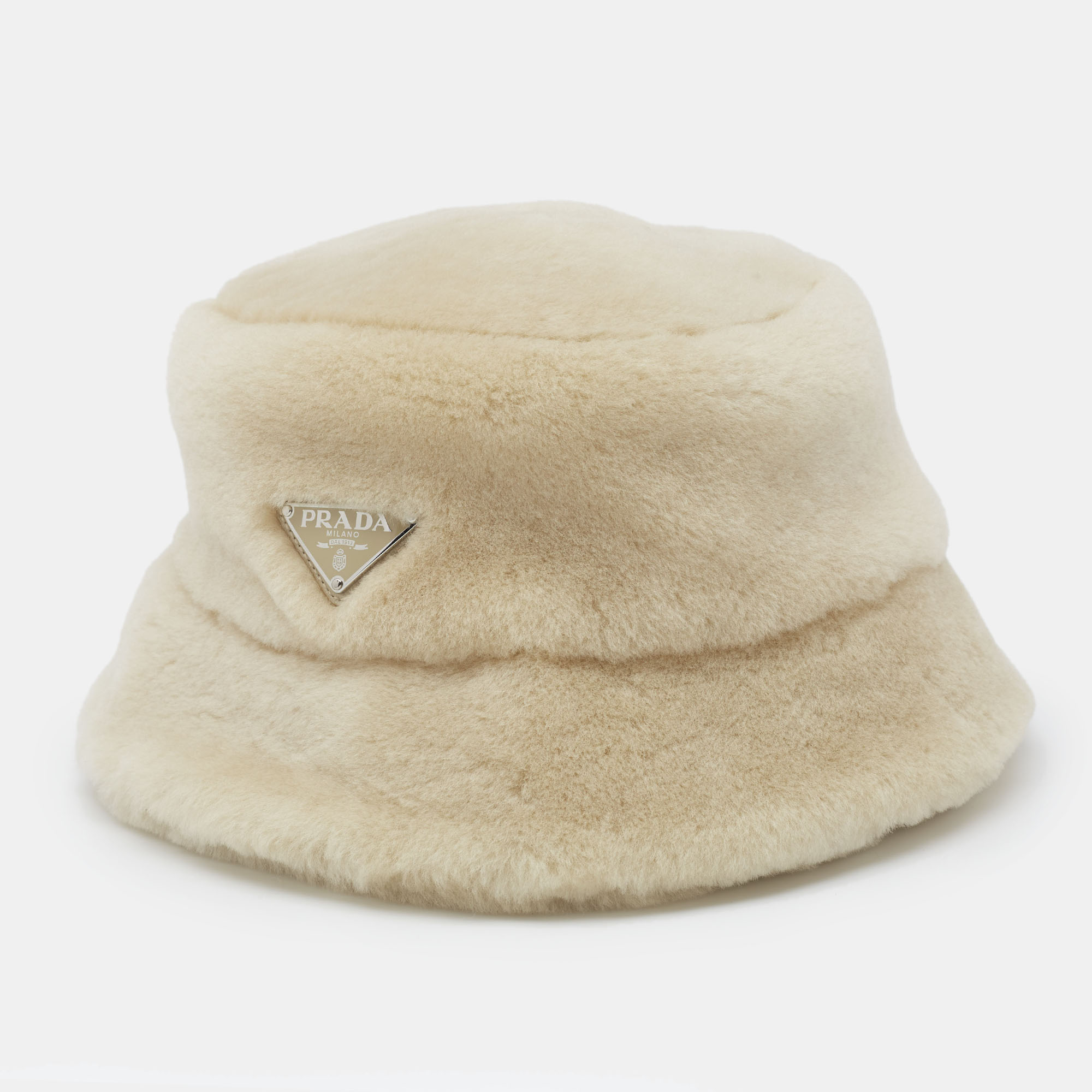 

Prada Cream Shearling Logo Plaque Bucket Hat S