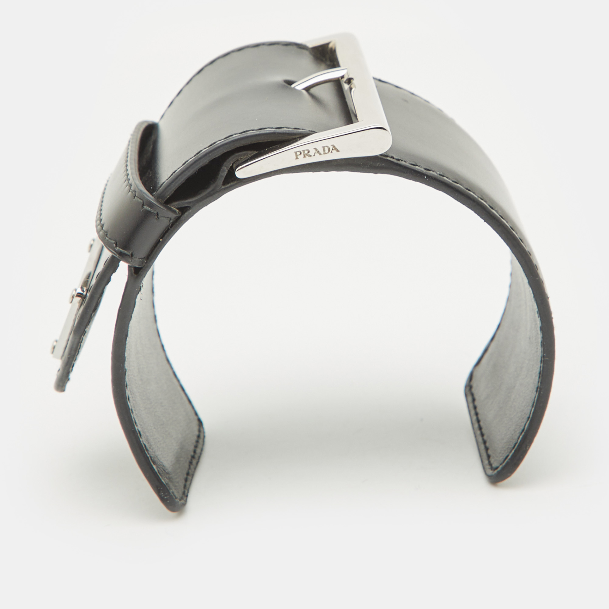 

Prada Triangle Black Leather Silver Tone Wide Open Cuff Bracelet