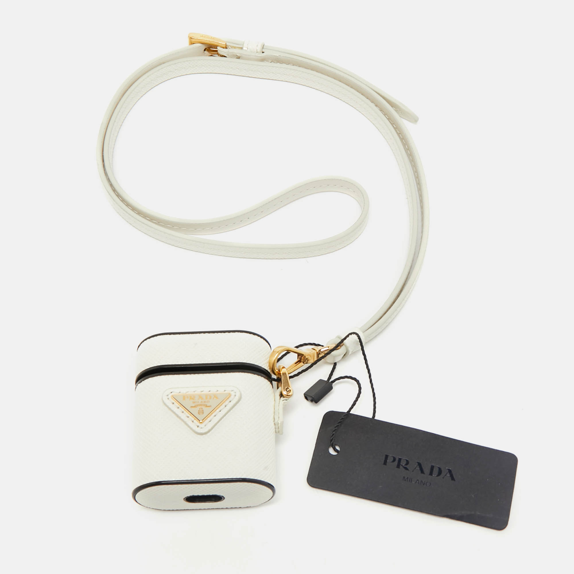 

Prada White Saffiano Leather Airpods Case with Strap