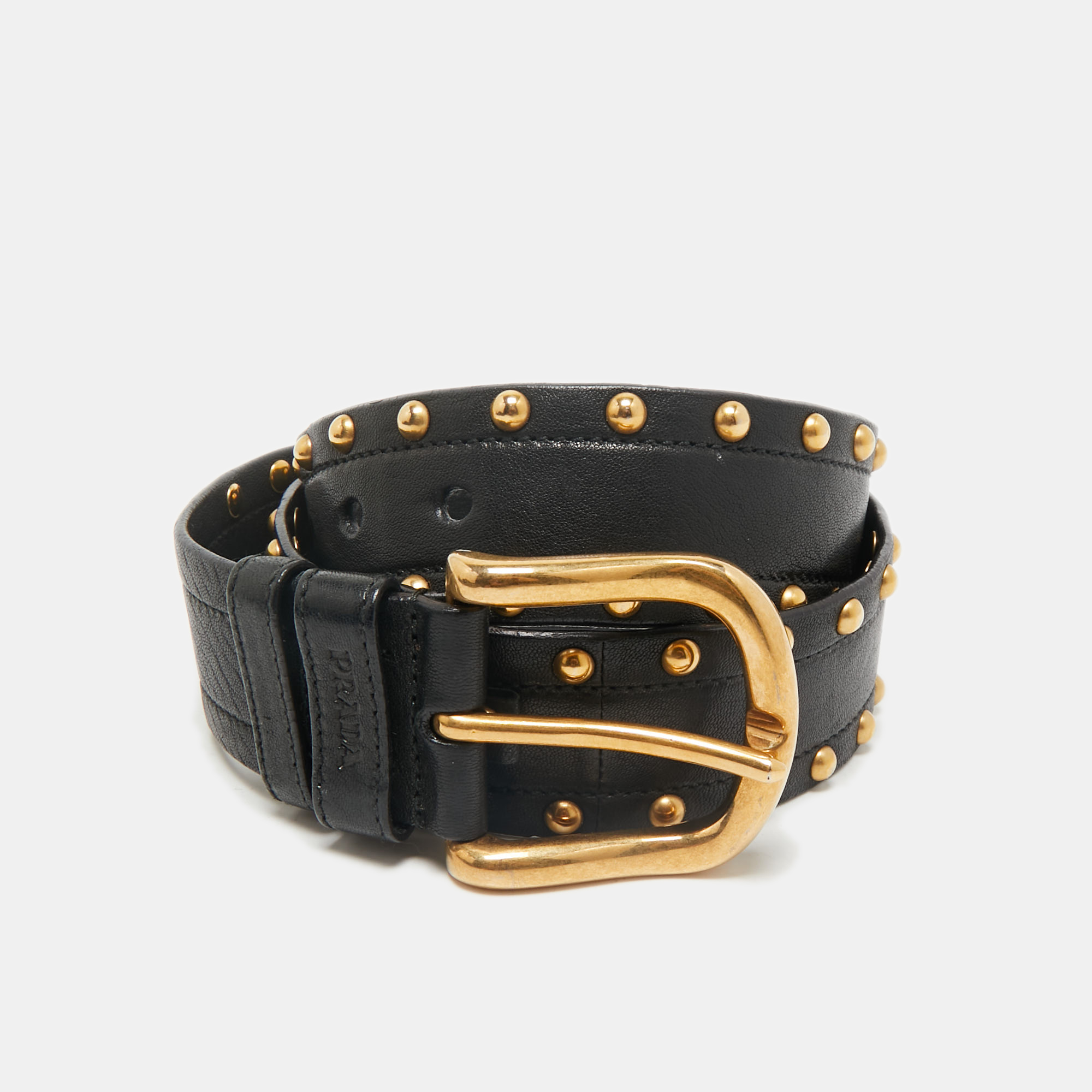 

Prada Black Studded Leather Studded Buckle Belt 85CM