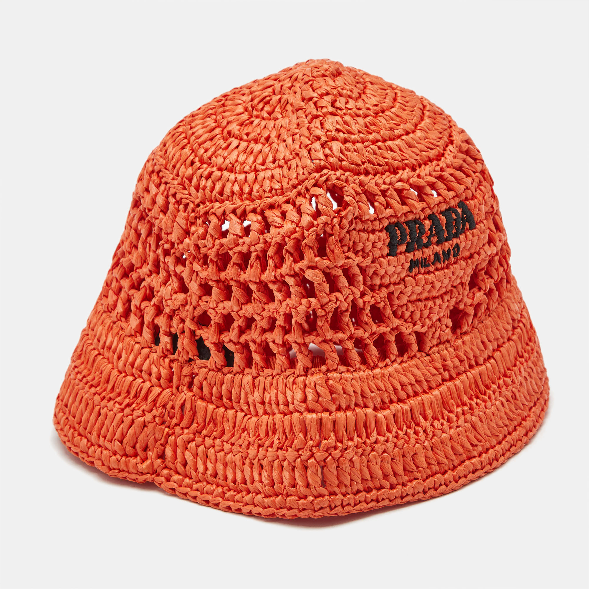 

Prada Orange Logo Crochet Raffia Bucket Hat