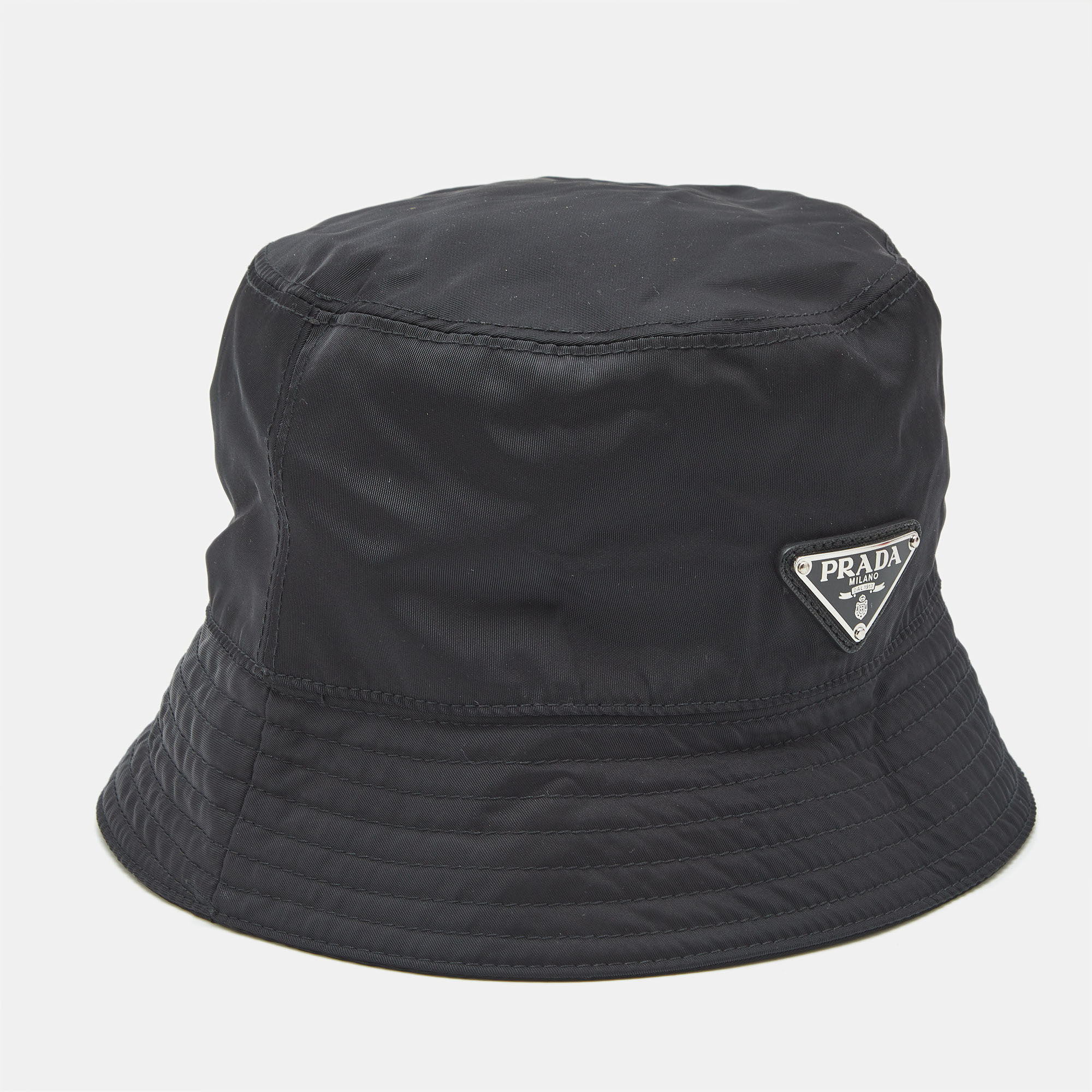 

Prada Black Synthetic Triangle Logo Plaque Bucket Hat L