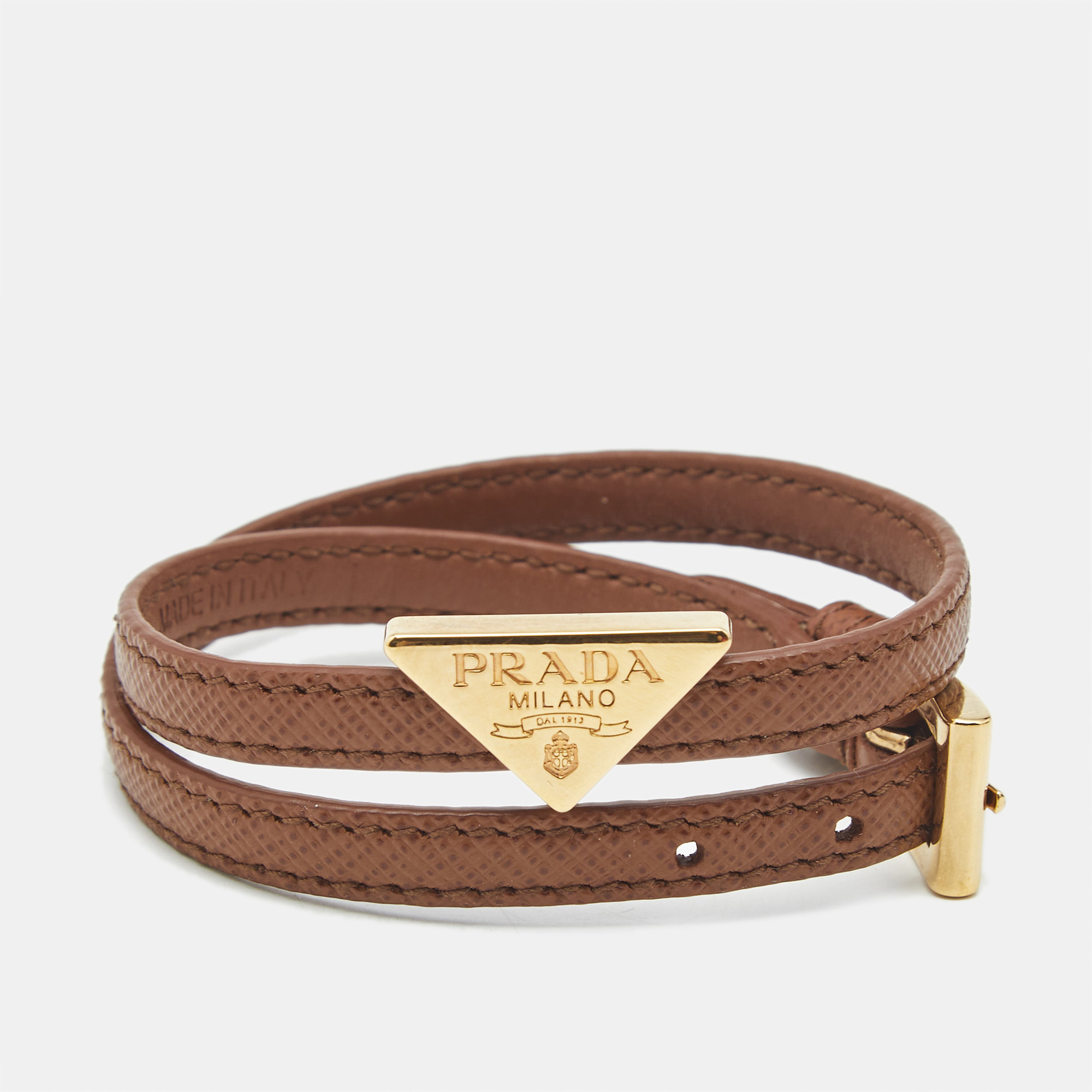 

Prada Brown Triangle Logo Brown Leather Gold Tone Double Wrap Bracelet
