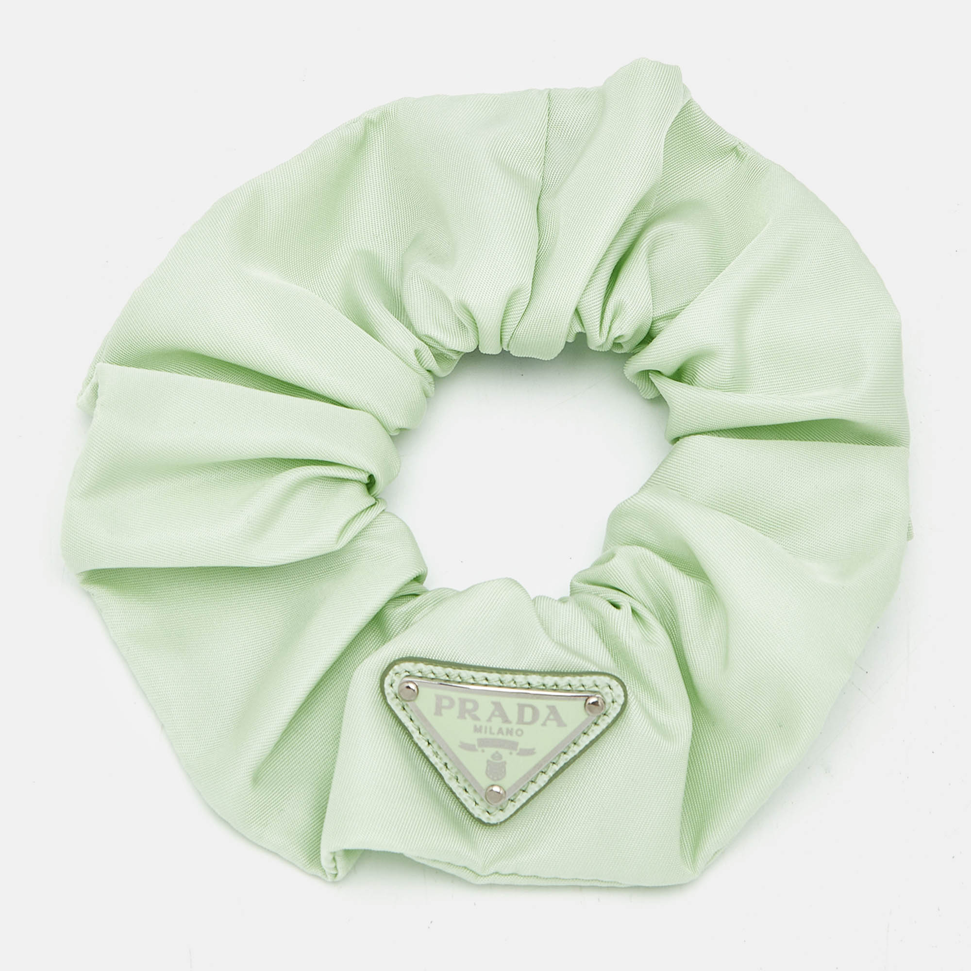 Pre-owned Prada Green Re-nylon Triangle Logo Scrunchie