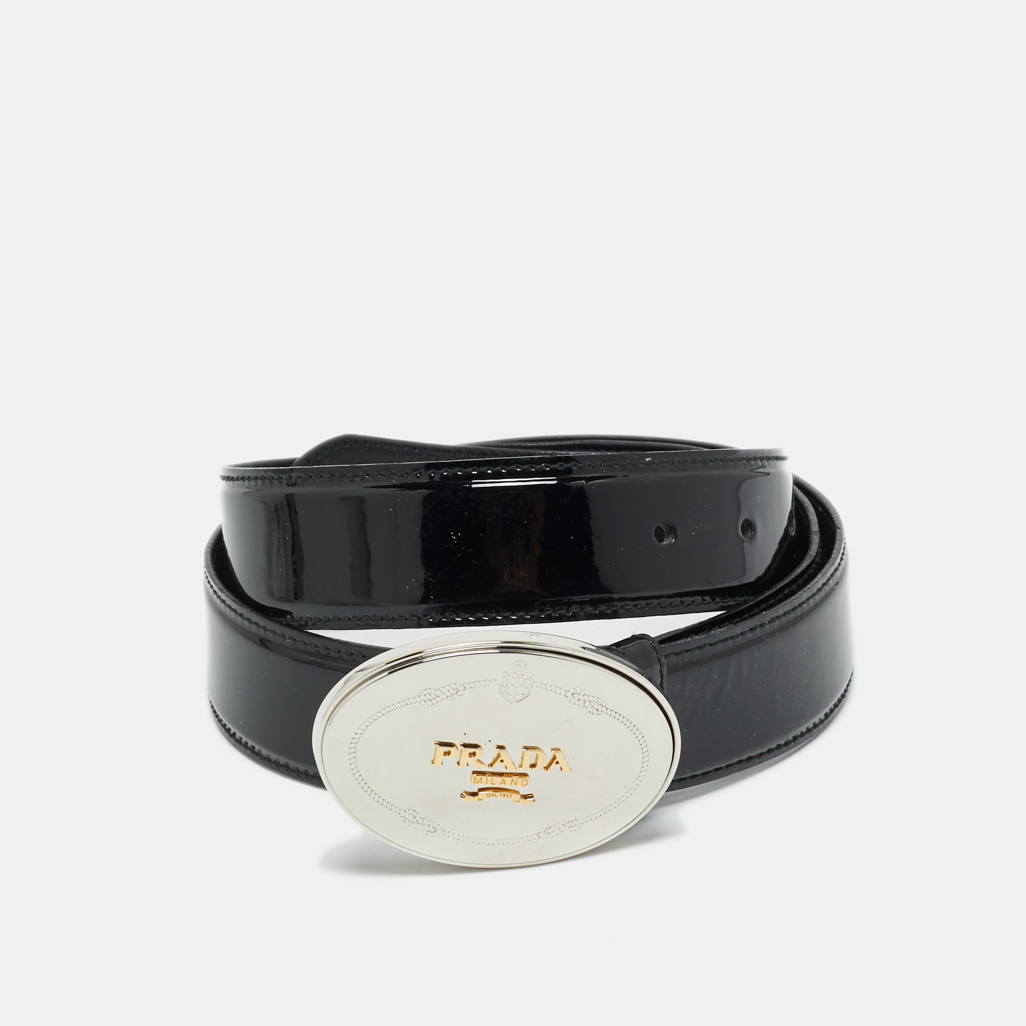 

Prada Black Patent Leather Logo Plaque Buckle Belt