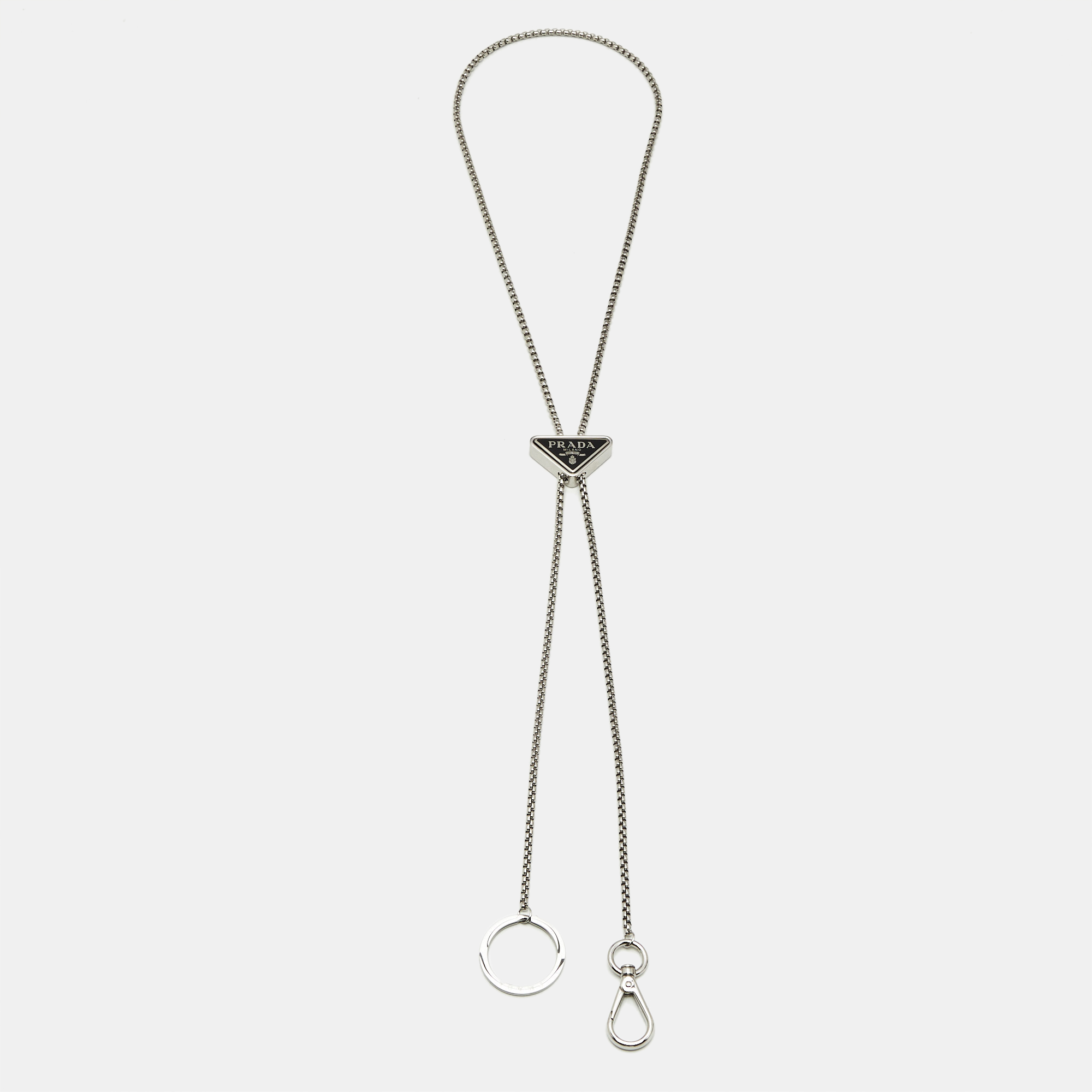 

Prada Triangle Logo Enamel Silver Tone Keychain Necklace
