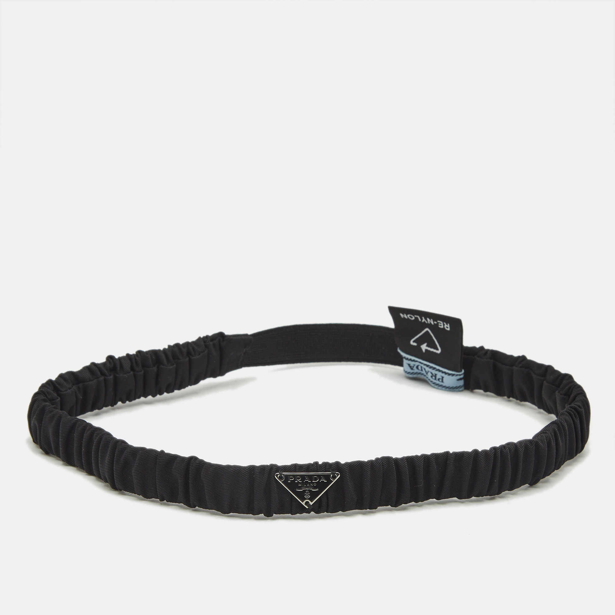 Pre-owned Prada Black Re-nylon Logo Plaque Elastic Headband