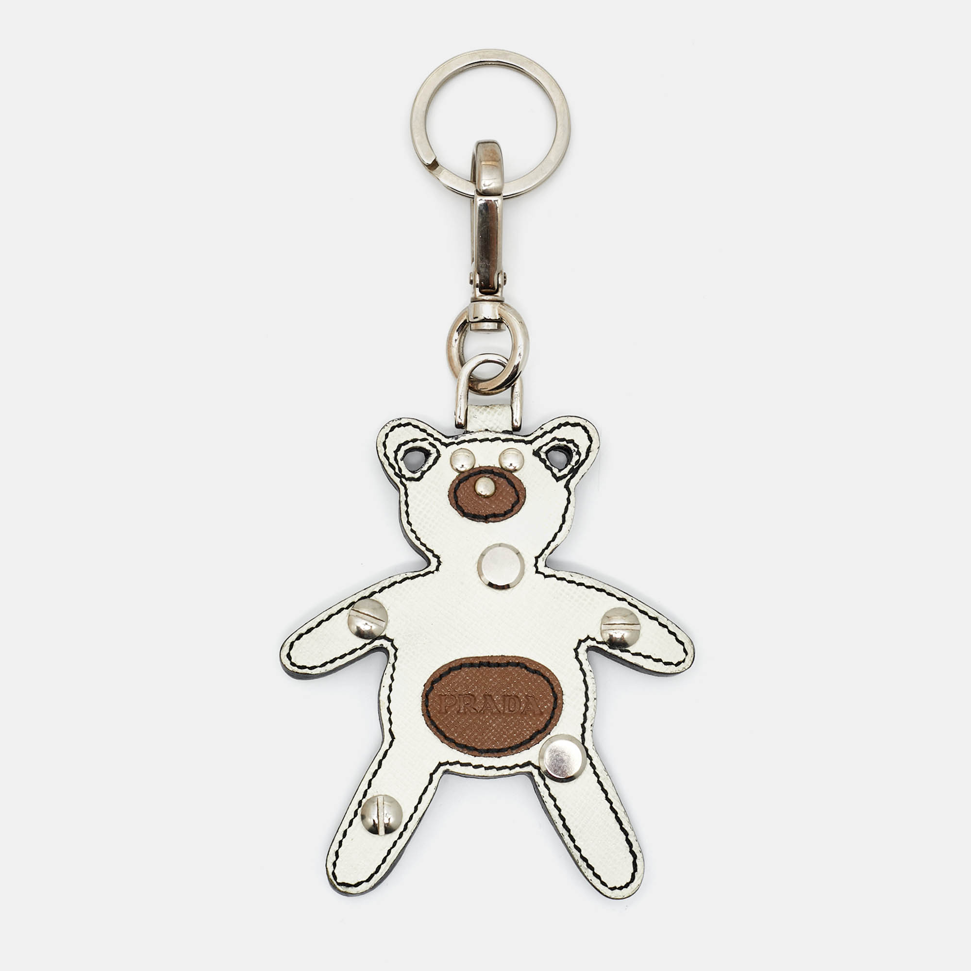 Pre-owned Prada Black/brown Leather Teddy Bear Bag Charm In White