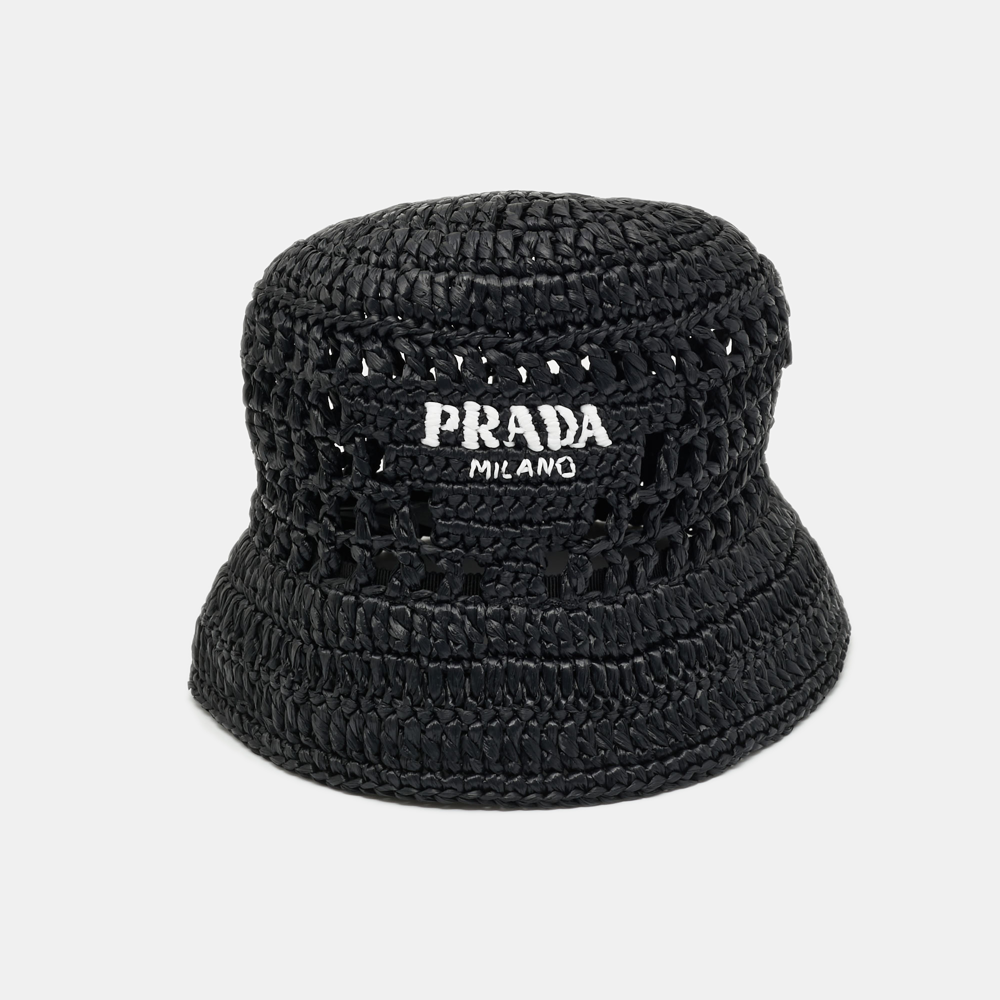 Pre-owned Prada Black Logo Crochet Raffia Bucket Hat M