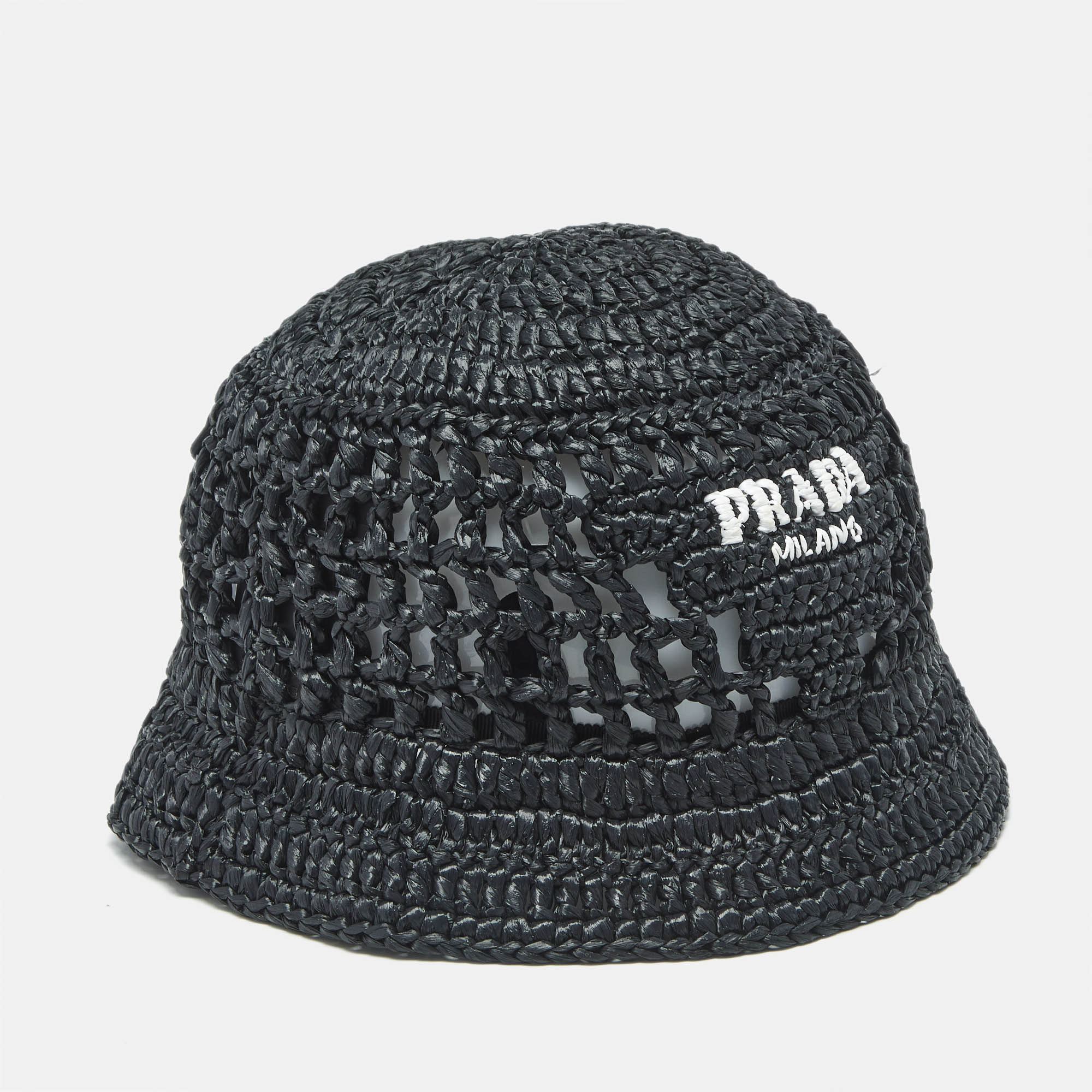 

Prada Black Logo Crochet Raffia Bucket Hat M