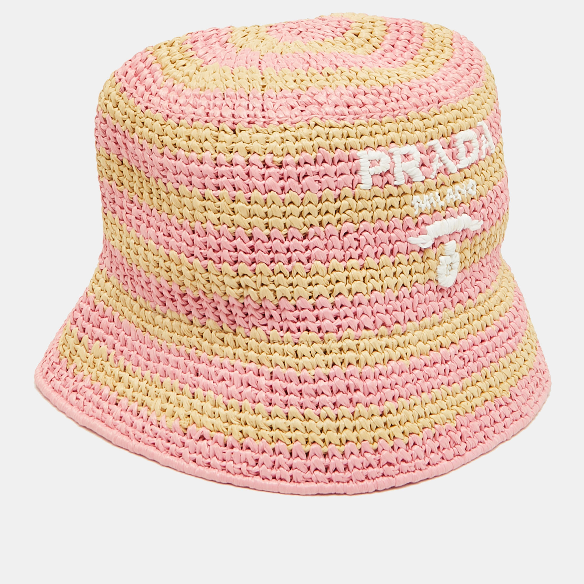 

Prada Beige/Pink Logo Striped Raffia Bucket Hat S