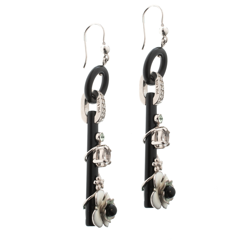 

Prada Flower Power Black Plexiglas Crystal Floral Bedecked Long Link Earrings