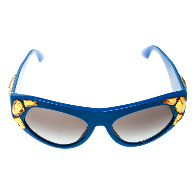 

Prada Blue/Grey Gradient SPR 21Q Yellow Crystal Embellished Cat Eye Sunglasses