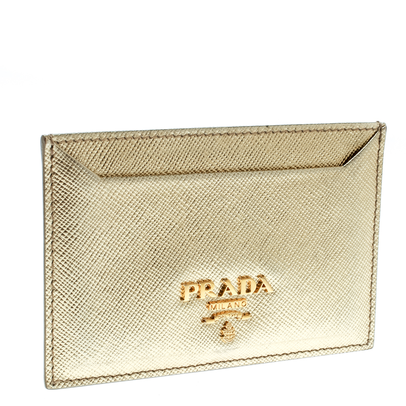 Prada Gold Saffiano Metal Leather Card Holder