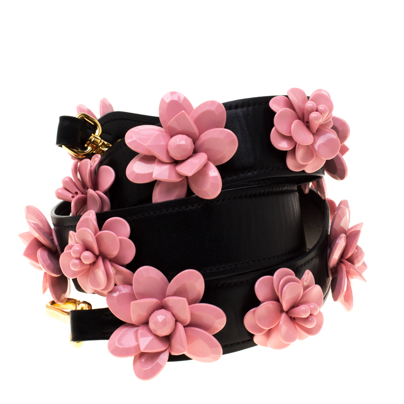 Pre Owned Prada Black Leather Flower Bag Strap
