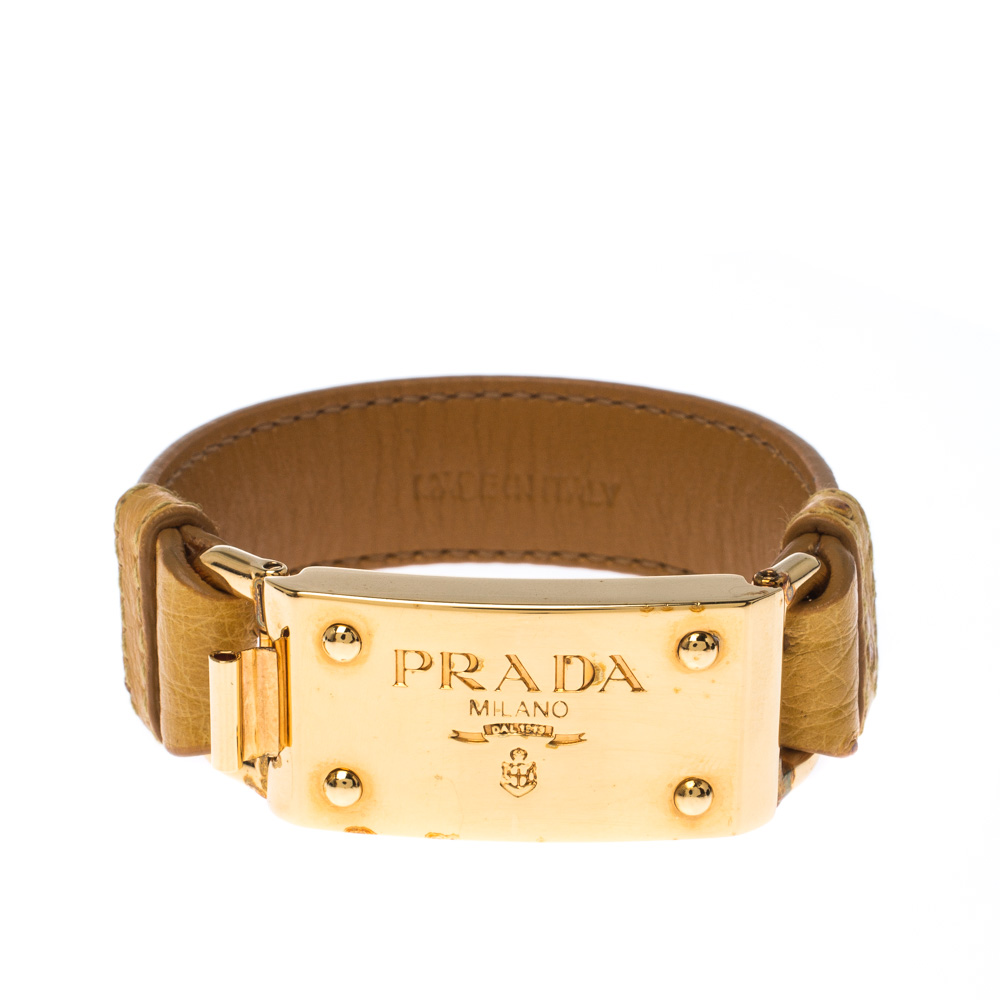 Prada Yellow Ostrich Leather Gold Tone Bracelet 17 cm