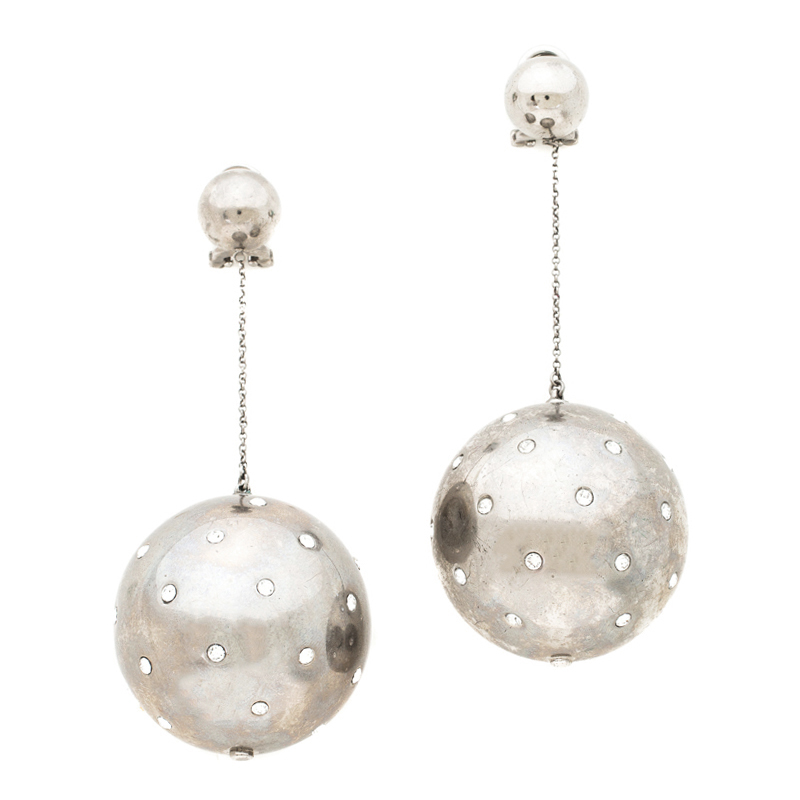 

Prada Crystal Embellished Ball Silver Tone Clip-on Drop Earrings