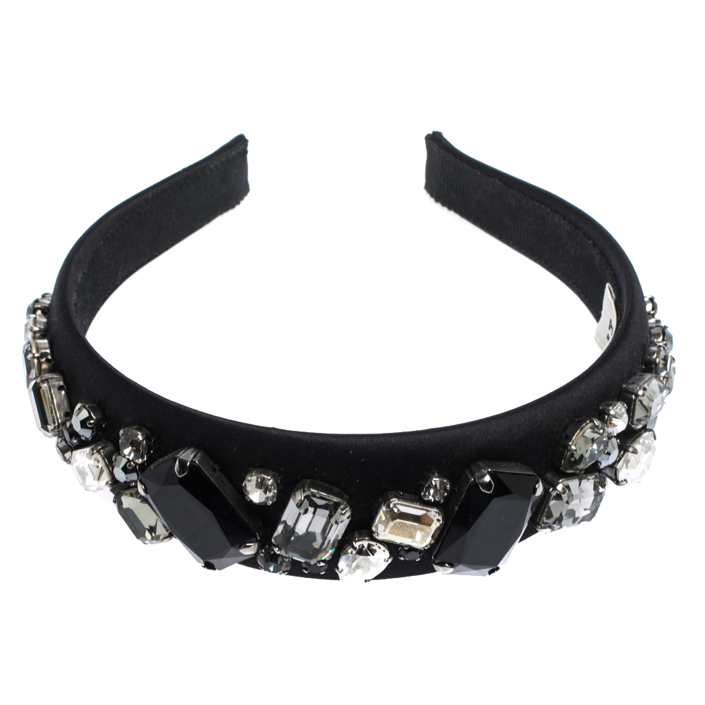 

Prada Black Crystal Embellished Satin Headband