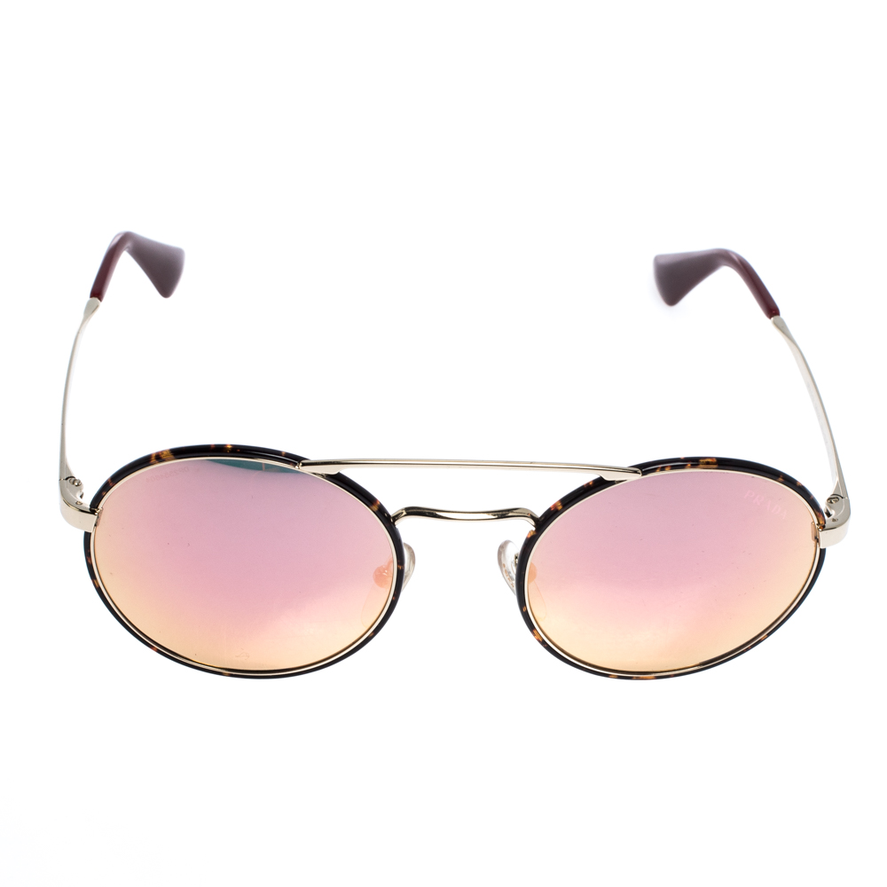 

Prada Dark Havana Brown/ Pink Mirrored SPR 51S Round Sunglasses