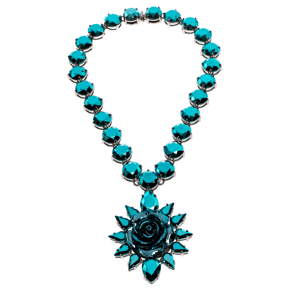 

Prada Blue Crystal Silver Tone Rose Pendant Statement Necklace