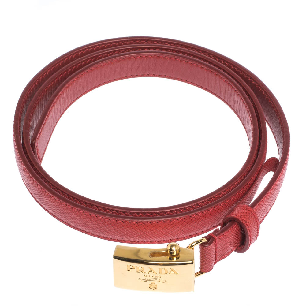 

Prada Red Saffiano Leather Logo Plaque Slim Belt