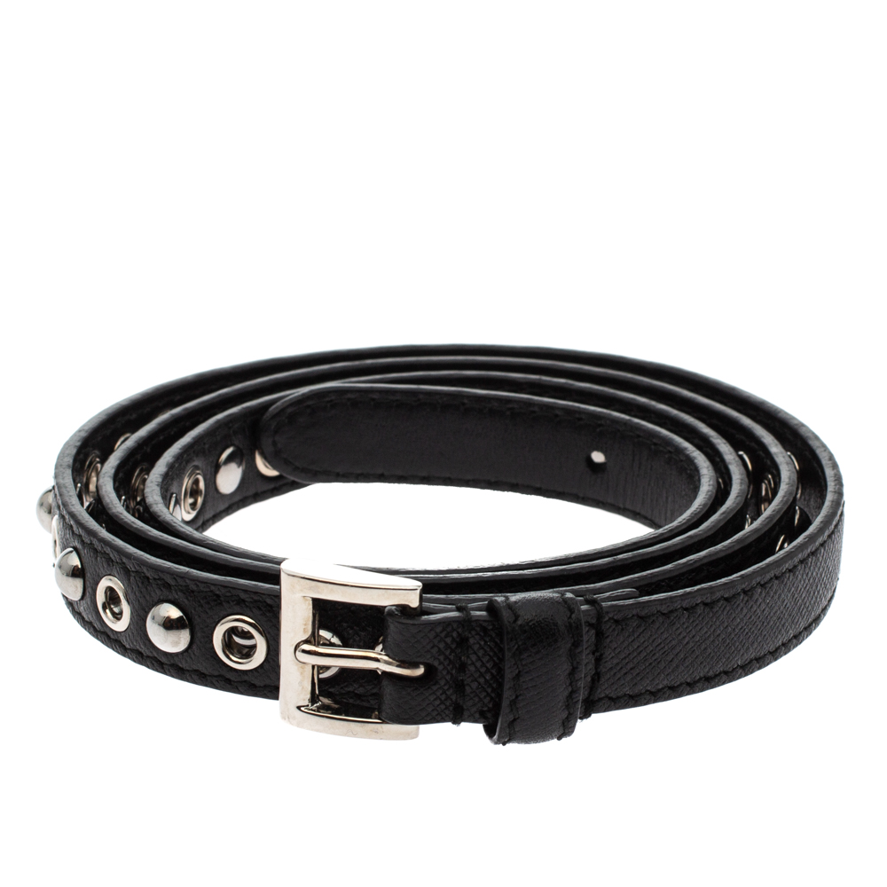 

Prada Black Saffiano Lux Leather Studded Slim Belt