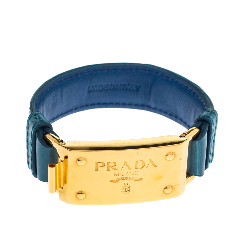 مملوكة مسبقًا Prada Teal Blue Embossed Leather Bracelet