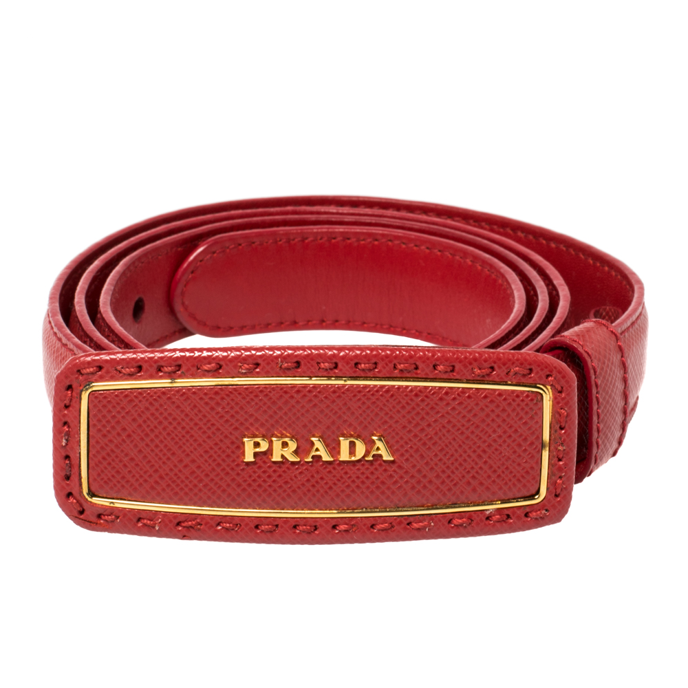 

Prada Red Saffiano Leather Logo Plaque Slim Belt