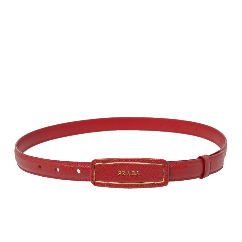Prada Red Saffiano Leather Logo Plaque Slim Belt 80CM