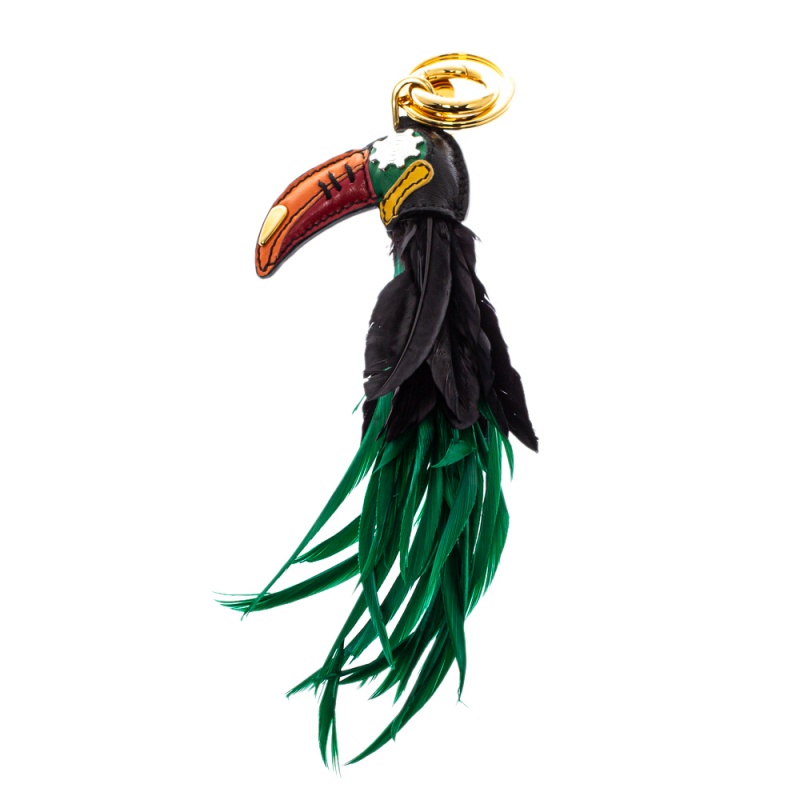 Pre-owned Prada Leather Paneled Feather Toucan Bag Charm / Key Ring In Multicolor
