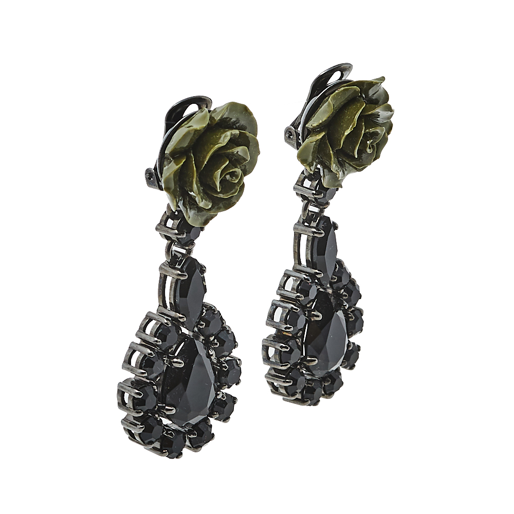 

Prada Green Resin Rose Crystal Clip On Drop Earrings