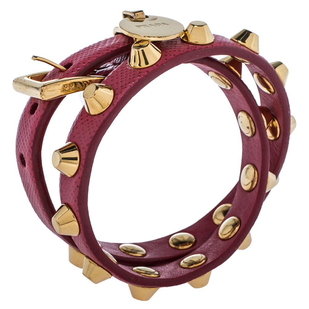 

Prada Peonia Saffiano Leather Studded Gold Tone Double Wrap Bracelet, Pink