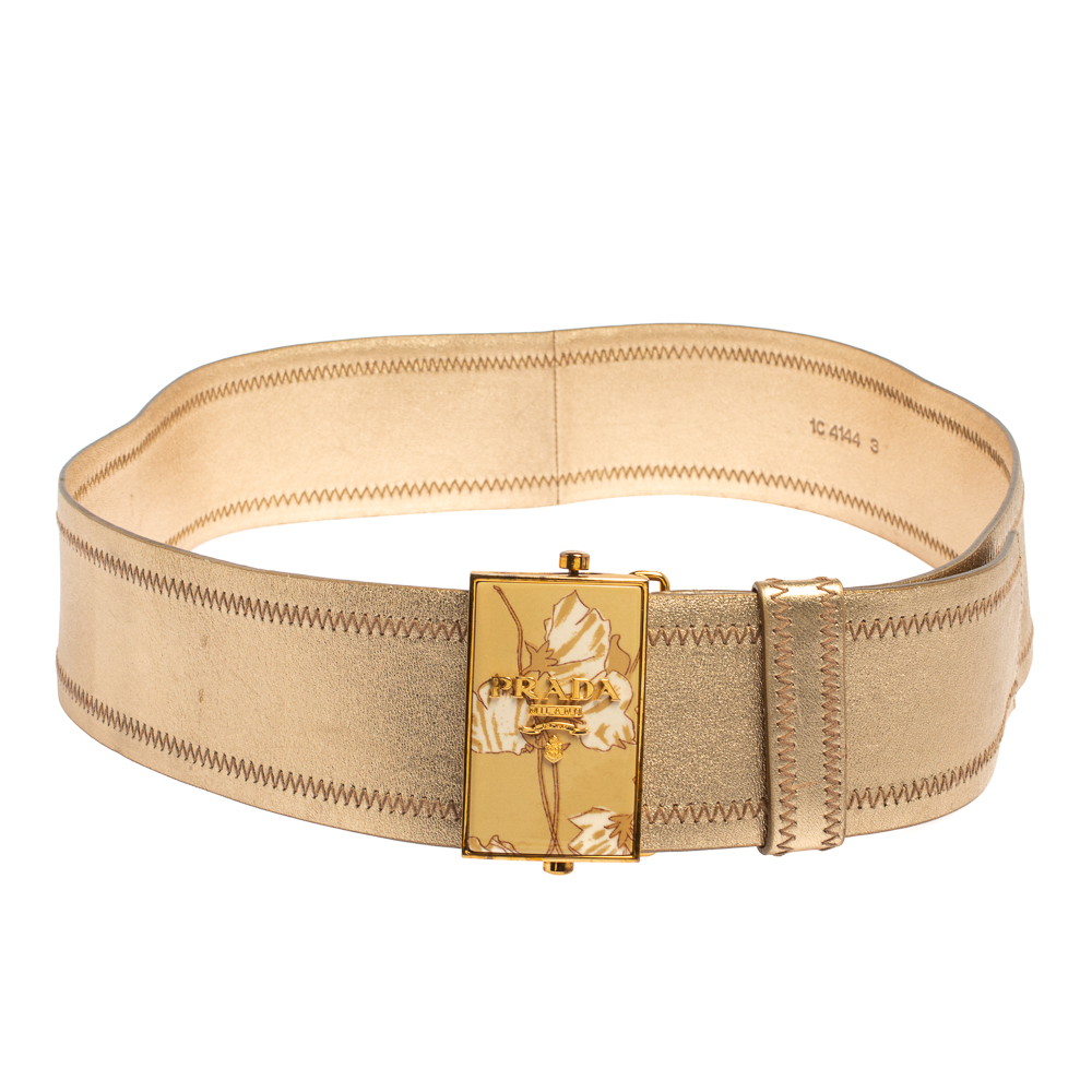 Pre-owned Prada Metallic Gold Leather Waist Belt 85 Cm