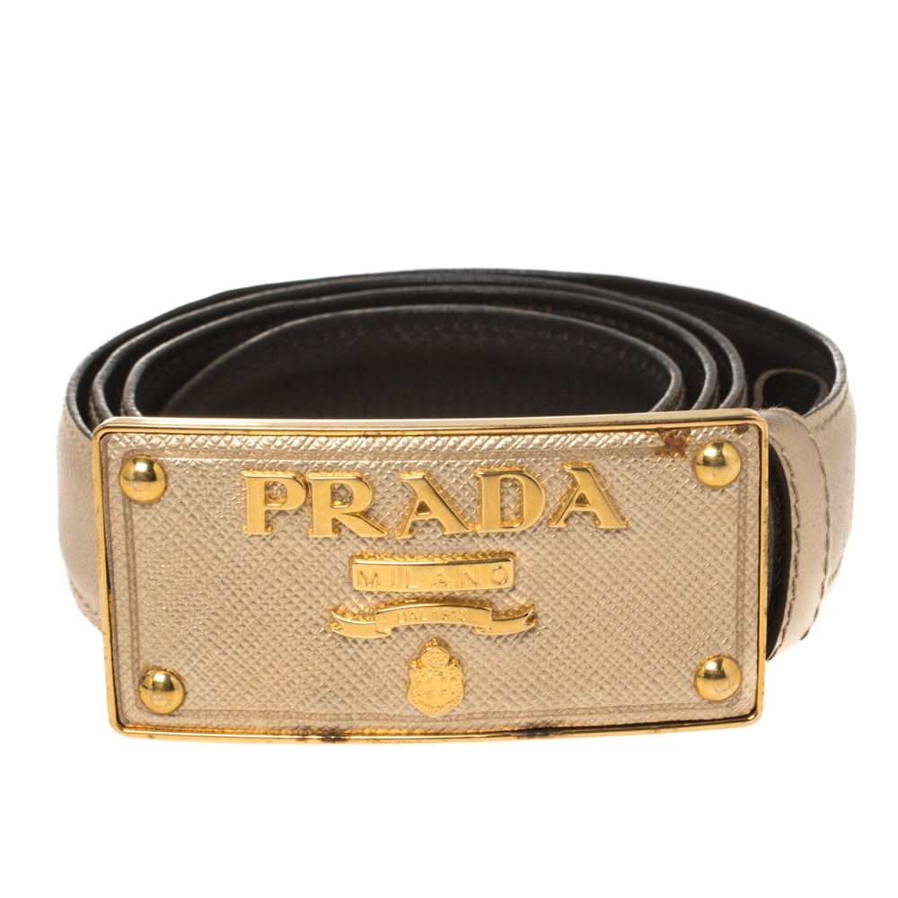 

Prada Metallic Gold Saffiano Leather Logo Buckle Belt