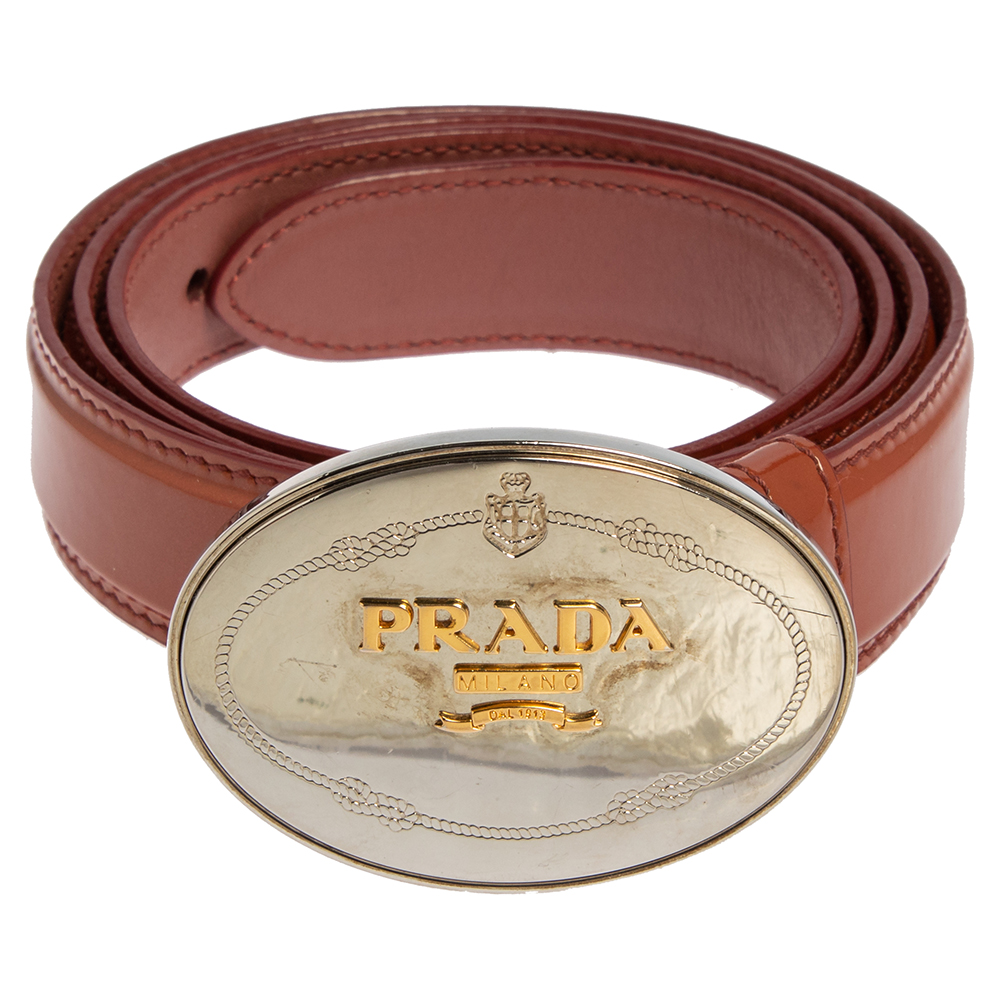 

Prada Brown Patent Leather Logo Plaque Buckle Belt