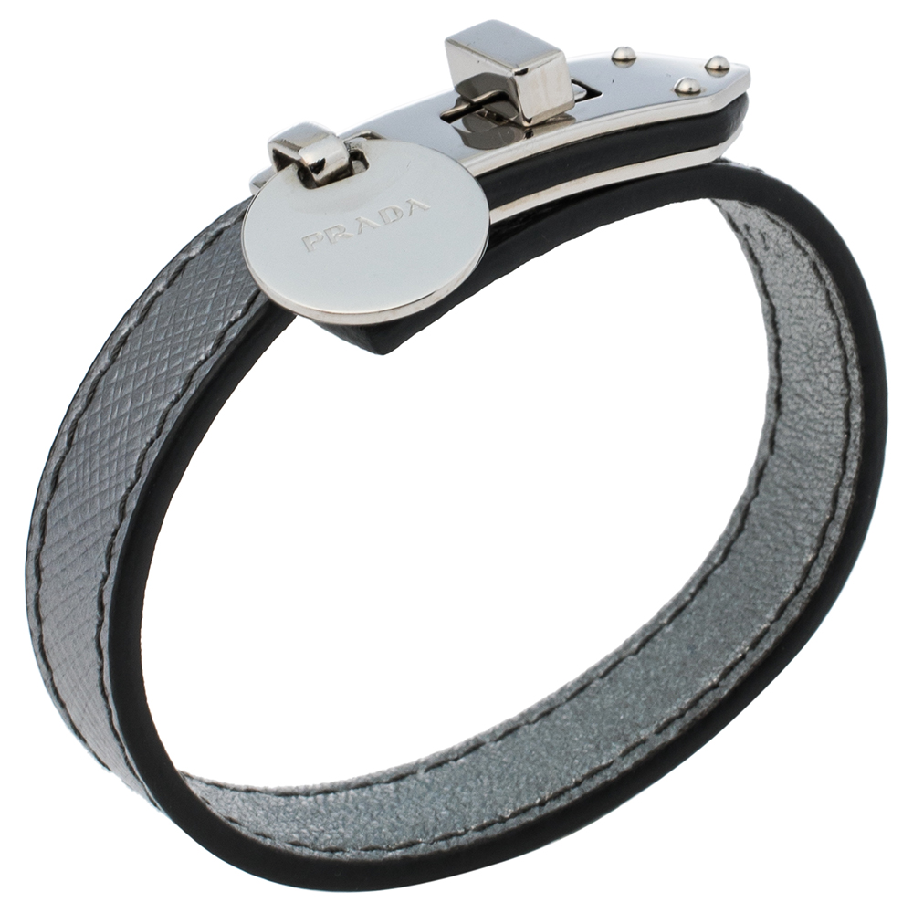 

Prada Silver Saffiano Leather Turn Lock Bracelet