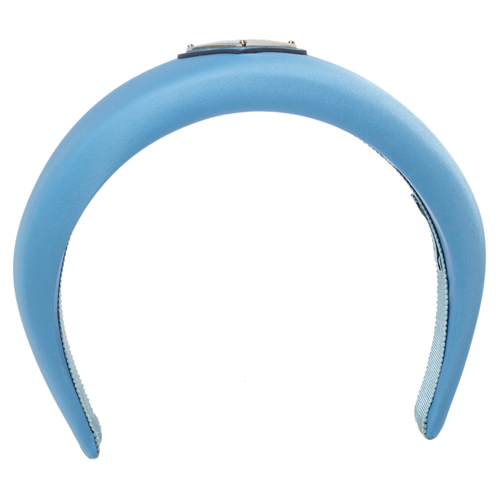 

Prada Blue Logo Detail Padded Satin Wide Headband