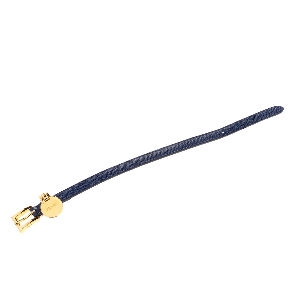 

Prada Blue Saffiano Leather Gold Tone Logo Charm Bracelet