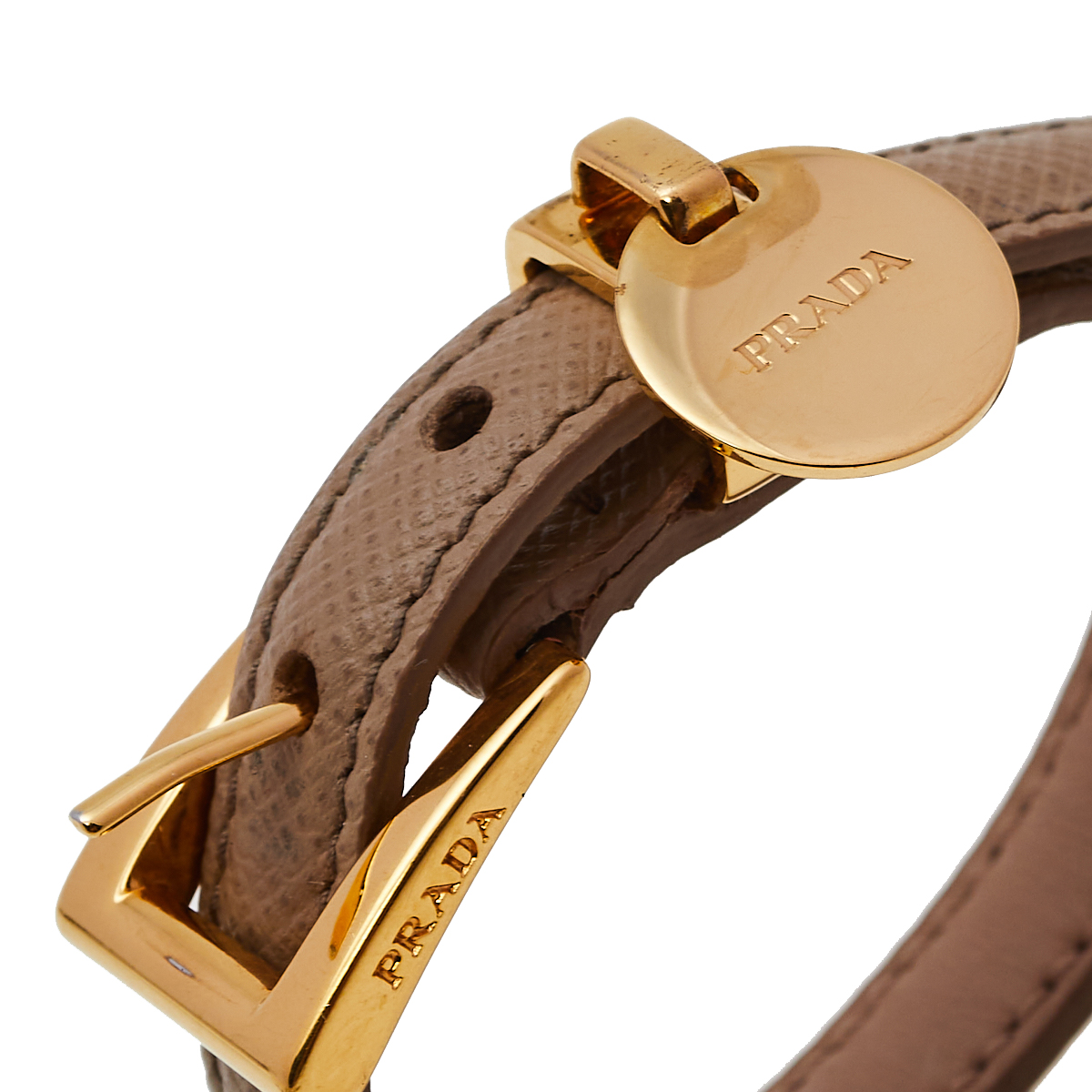 

Prada Dusty Pink Saffiano Leather Gold Tone Logo Charm Bracelet