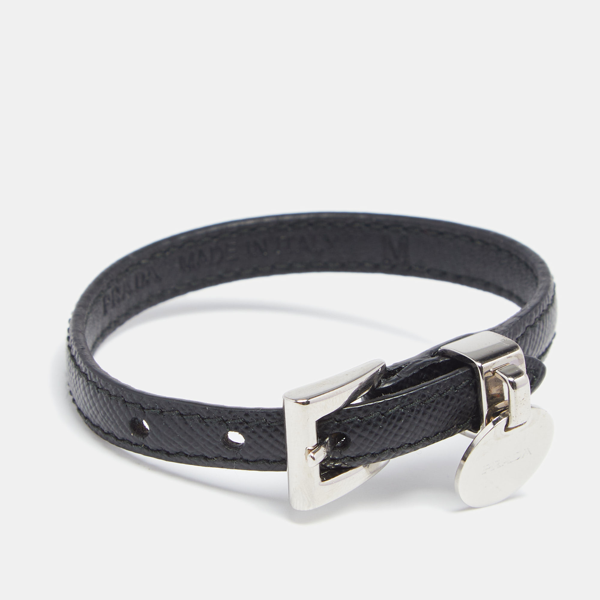 

Prada Black Saffiano Leather Logo Tag Wrap Bracelet