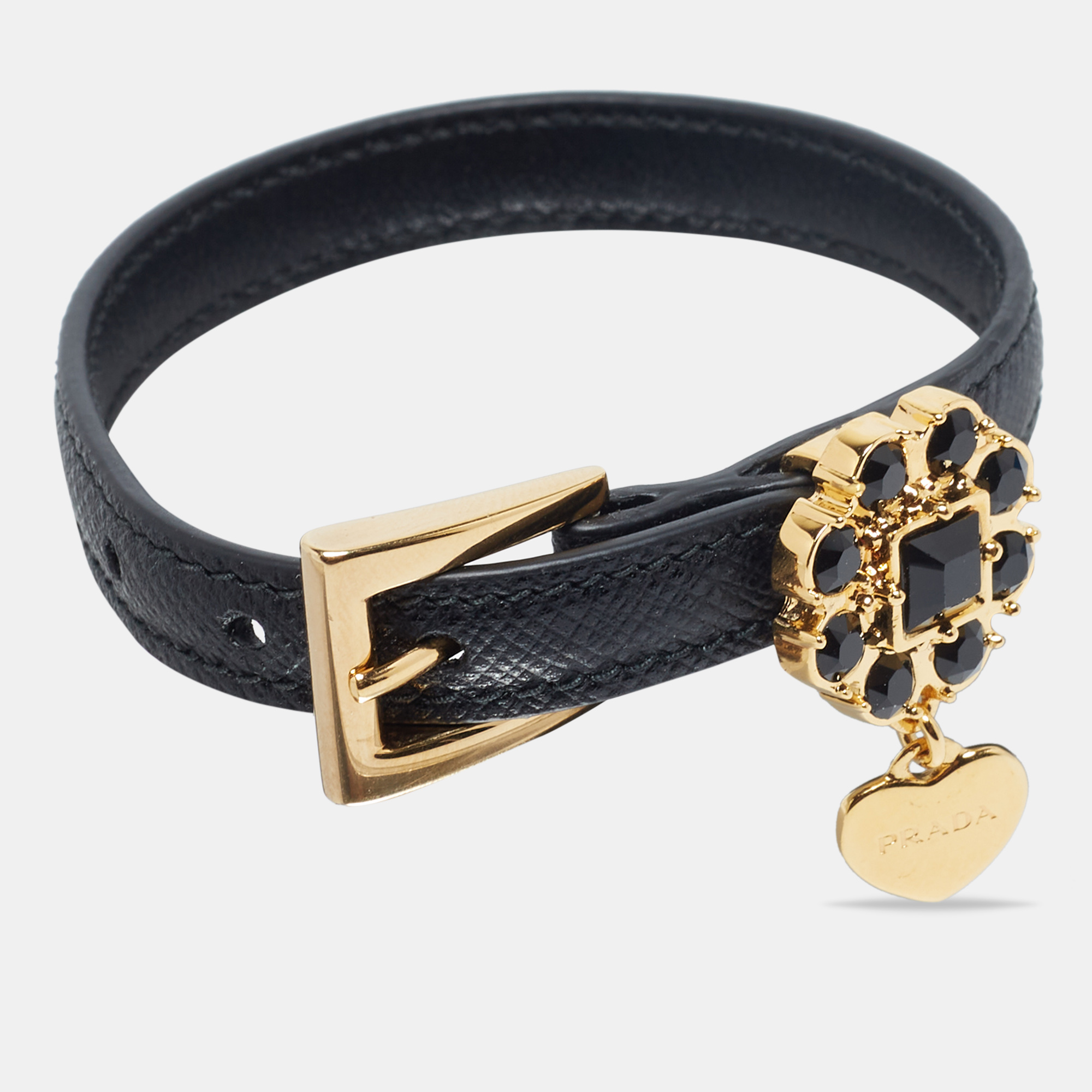 

Prada Black Leather Floral Embellished Heart Charm Wrap Bracelet