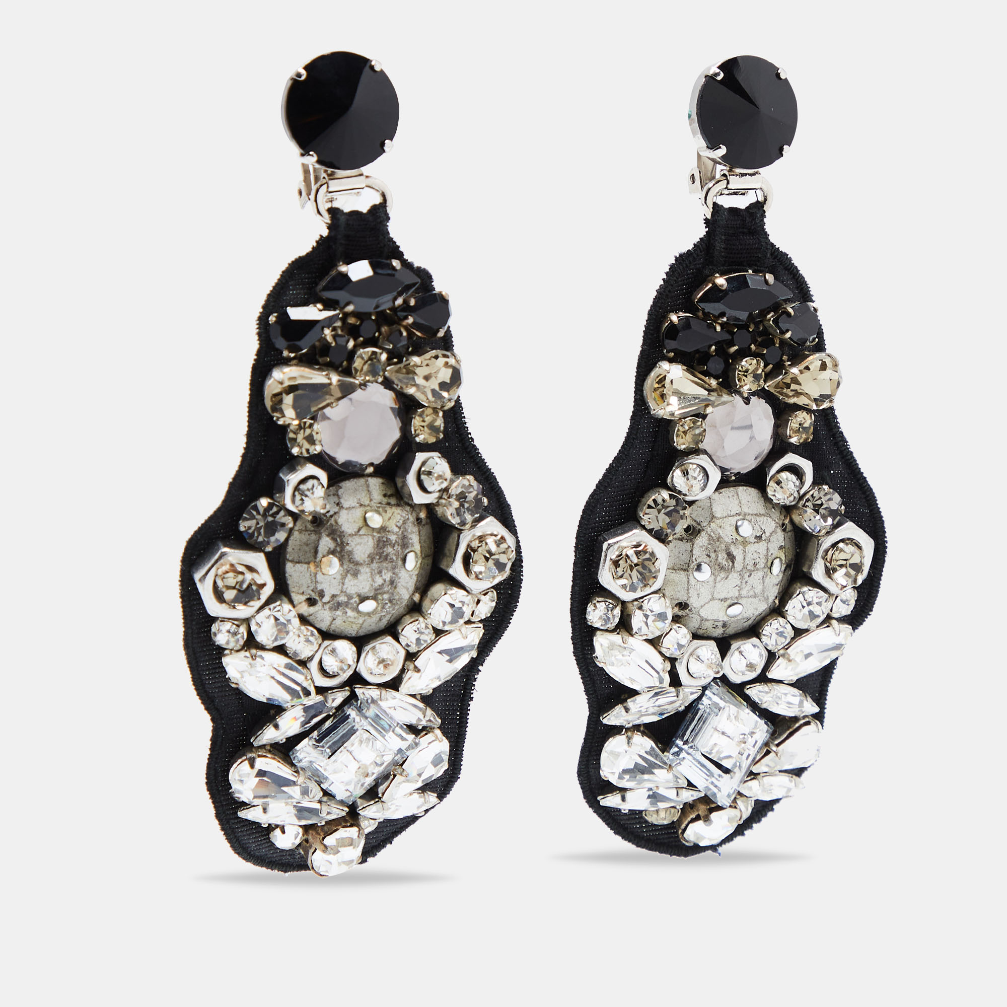 

Prada Black Crystal Embellished Fabric Clip On Earrings