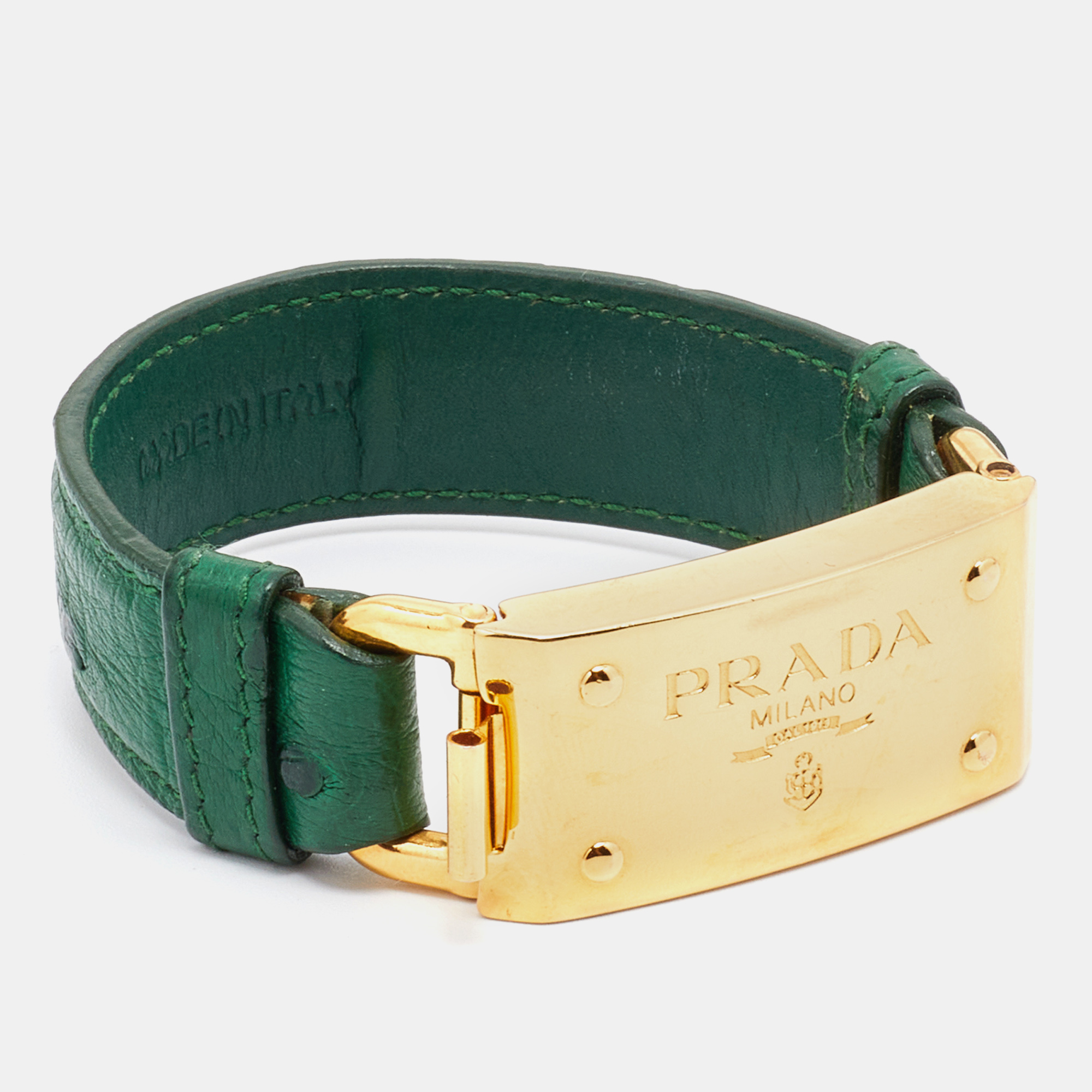 

Prada Green Ostrich Leather Gold Tone Bracelet