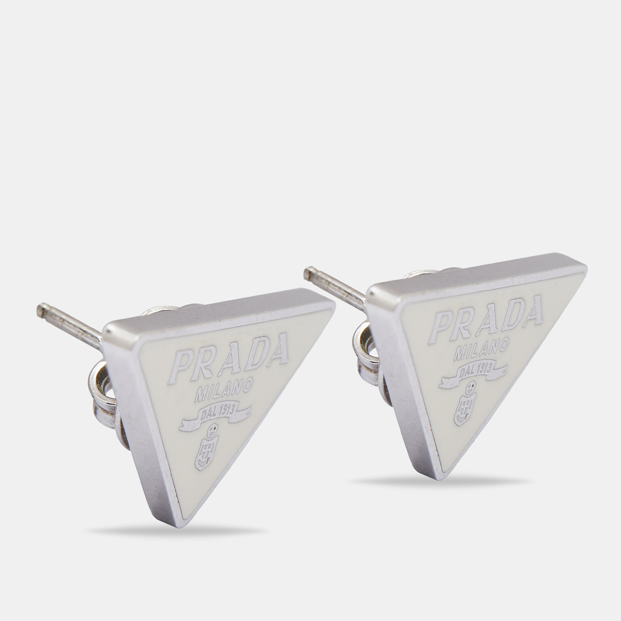 

Prada Silver Logo Enamel Triangle Symbole Stud Earrings, White